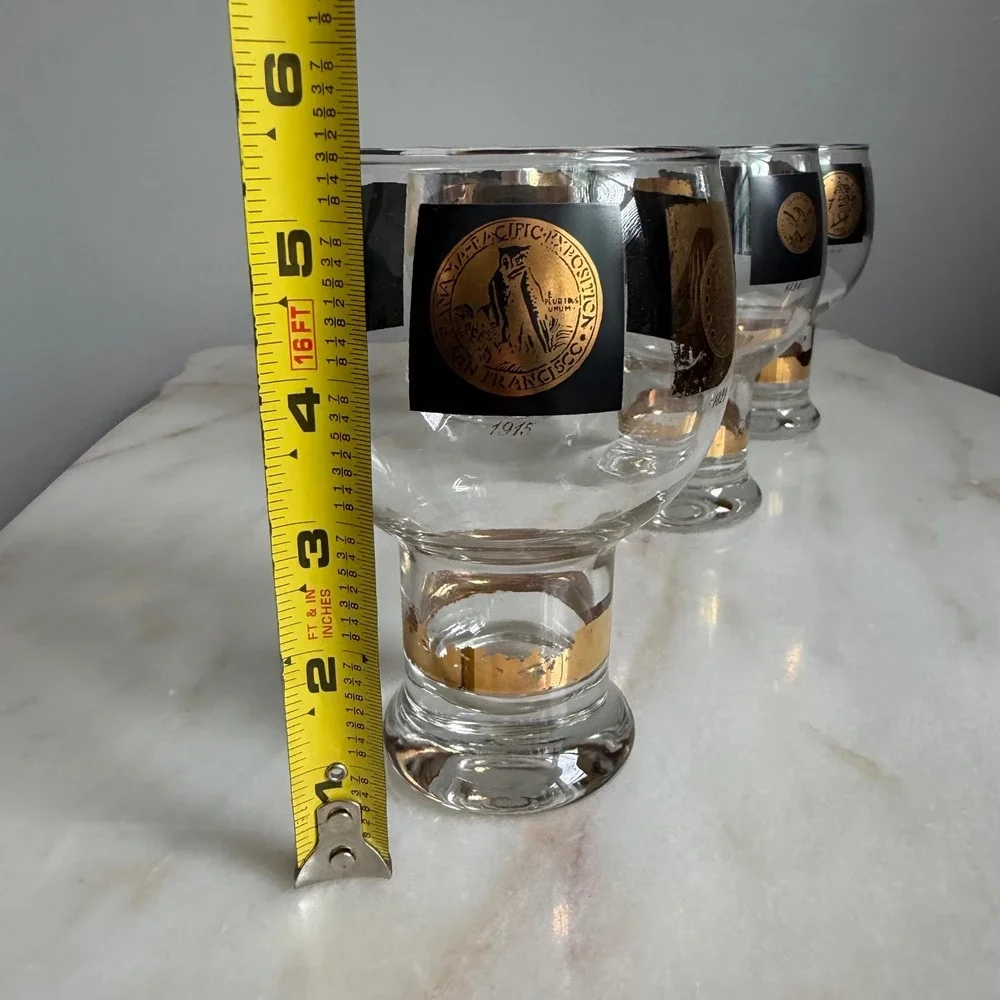 Vintage Federal Glass Coin Medallion Gold Black Footed Glasses Set of 4 MCM